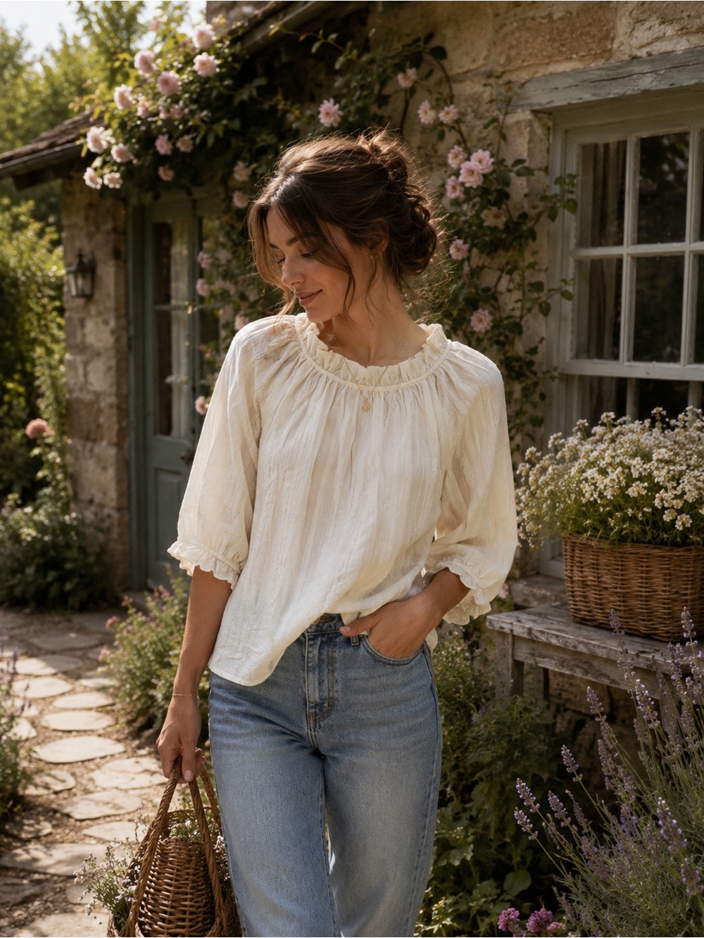 NWT Nation Los Angeles Ivory Cotton Ruffle Neck Peasant Blouse Size Medium